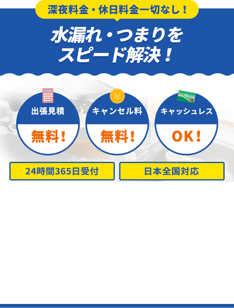 深夜料金・休日料金一切なし！水漏れ・つまりをスピード解決！