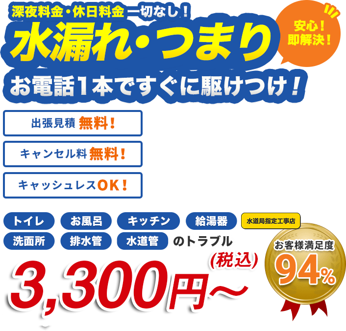 深夜料金・休日料金一切なし！ 水漏れ・つまり お電話1本ですぐに駆けつけ！